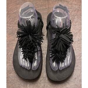 Vionic Womens 9 Black Suede Fringe Sandals Comfort Orthotic T-Strap Walking Shoe